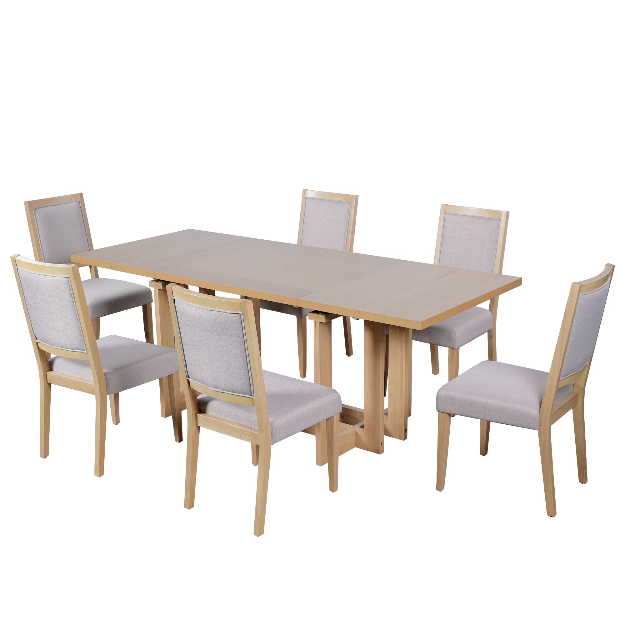 Harper & Bright Designs 7 Pieces Retro Dining Set for 6, Wood Rectangular Table with Designed Trestle Base and 6 Upholstered Chairs for Dining Room and Kitchen, Grey