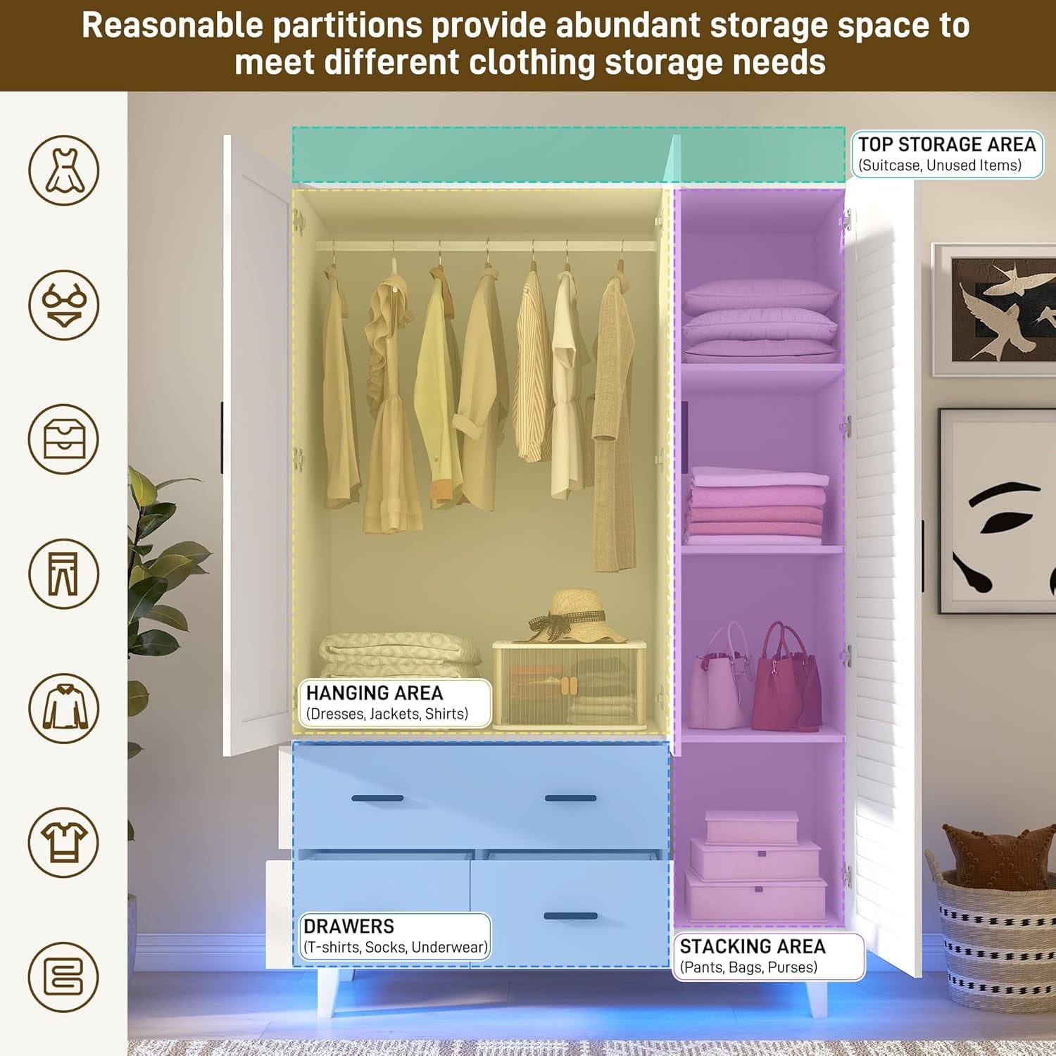 Blotout 70 Armoire Wardrobe Closet with Mirror & LED Lights, LED White Louver Door Wardrobe Armoire with 3 Drawers & Hanging Rods, Large 3 Doors Armoire Storage with Multi-Layer Shelves