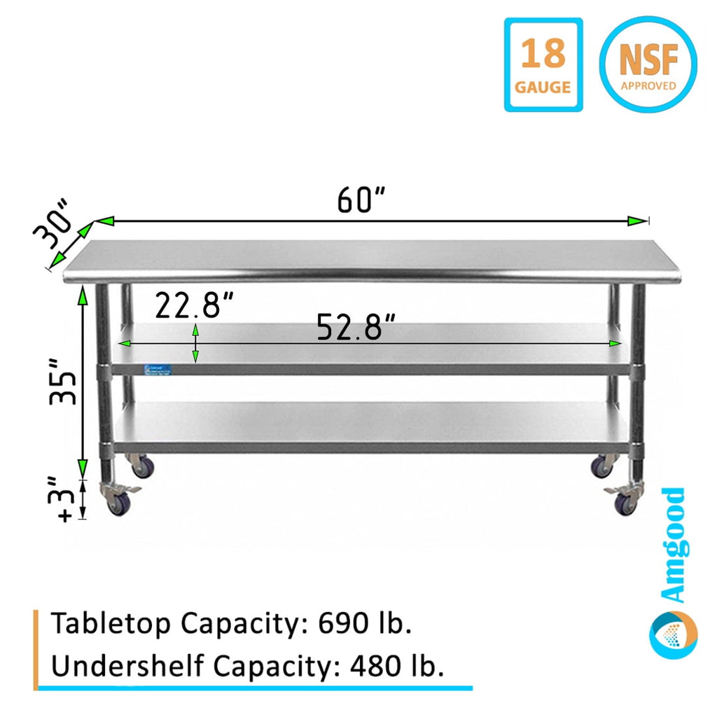 AmGood 60 Long x 30 Deep Stainless Steel Work Table with 2 Shelves and wheels | Commercial & Residential NSF Utility Table | Metal Food Prep Station