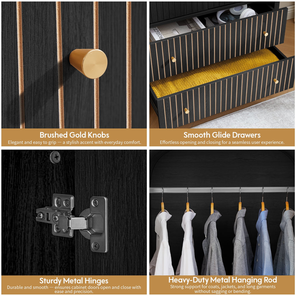 Wirrytor Freestanding Wooden Armoire Wardrobe with 2 Woven Doors and Storage Drawers, Space-Saving Closet Cabinet for Bedroom, Sturdy Mdf Board Closet with Hanging Rail