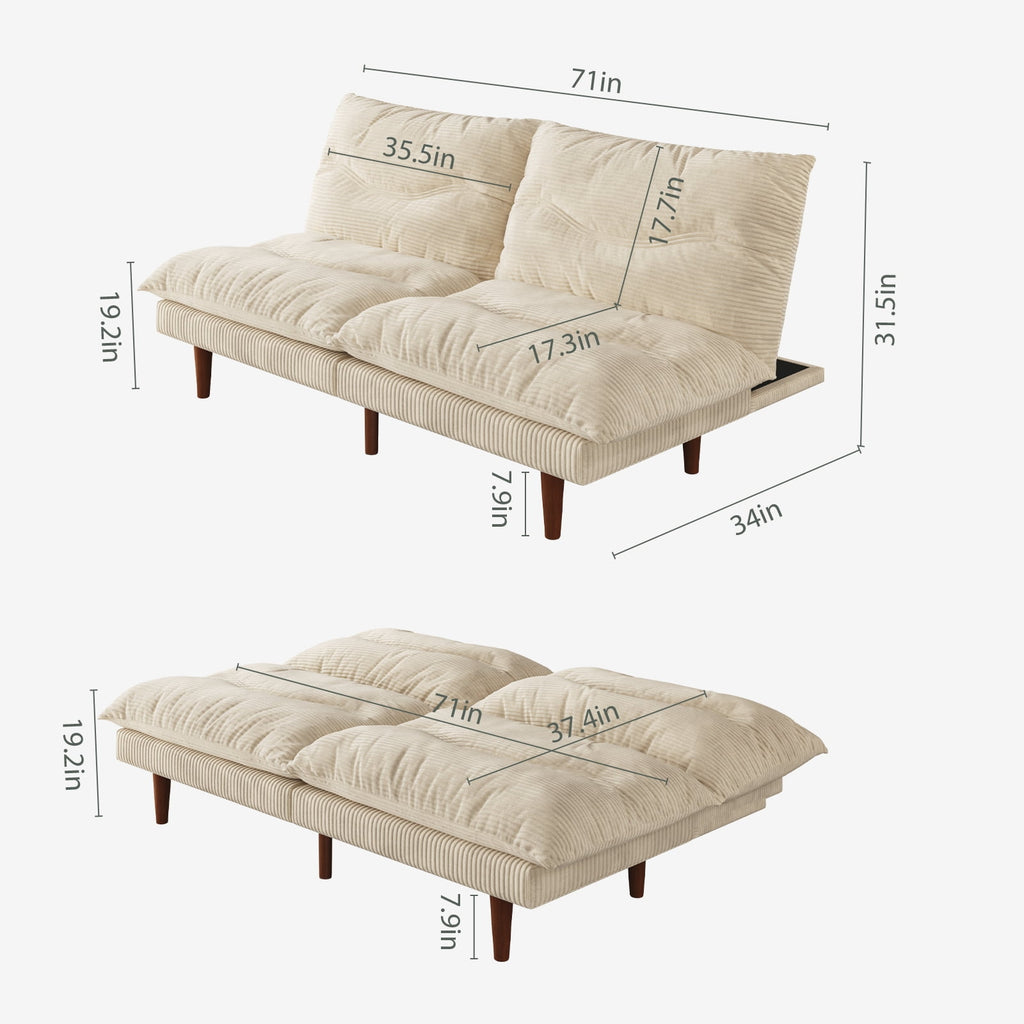 LLappuil 71 Corduroy Futon Convertible Sofa Bed, Loveseat Sleeper Sofa Couch for Living Room Apartment Green