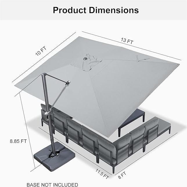 PURPLE LEAF 10' X 13' Rectangle Cantilever Umbrella with Base Outdoor Large Aluminum Patio Umbrella with 3-Year Fade Resistance Recycled Fabric and 360-degree Rotation for Deck Pool, Graphite Grey