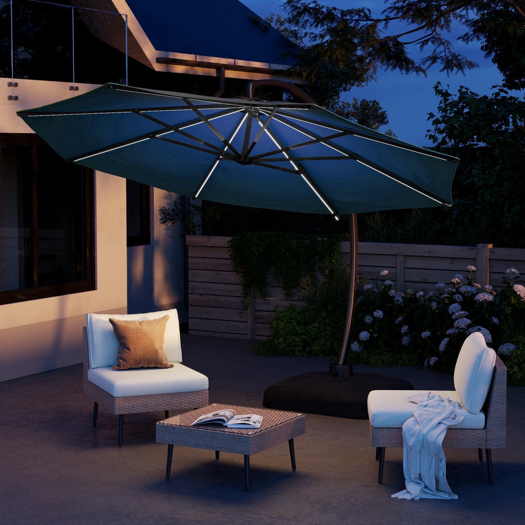LAZZO 12ft Outdoor Patio Umbrella with Base and Lights, Aluminum Offset Cantilever Umbrella for Pool Deck, Champagne