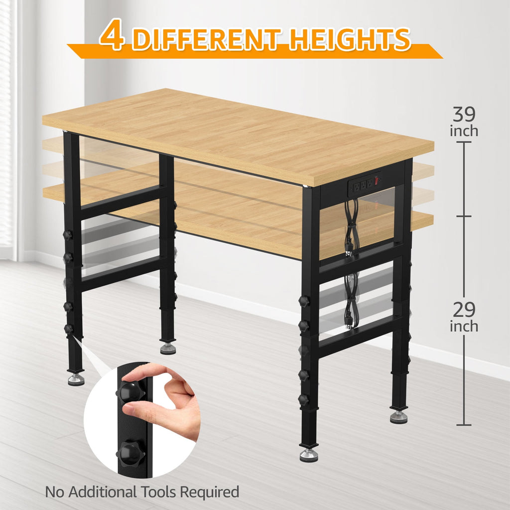 60 Adjustable Workbench,Heavy-Duty Work Table,3000 LBS Load Capacity Hardwood Workstation Outlets with Power strips and Wheels,for Workshop, Garage