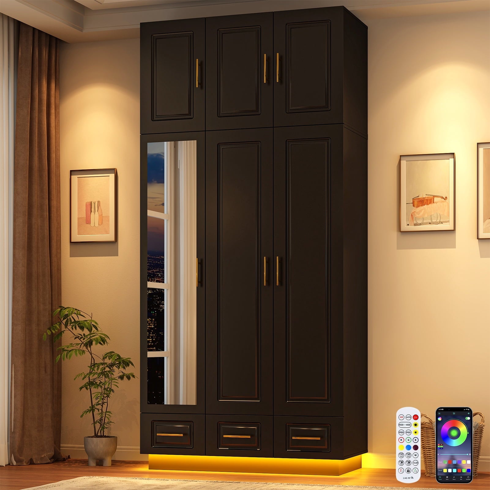 ChVans 3 Door Armoire Wardrobe Closet with Top Cabinet and Mirror, 94.5'' LED Wardrobe Armoire with 3 Drawers, Hanging Rod & Multi-Layer Shelves for Bedroom, Black