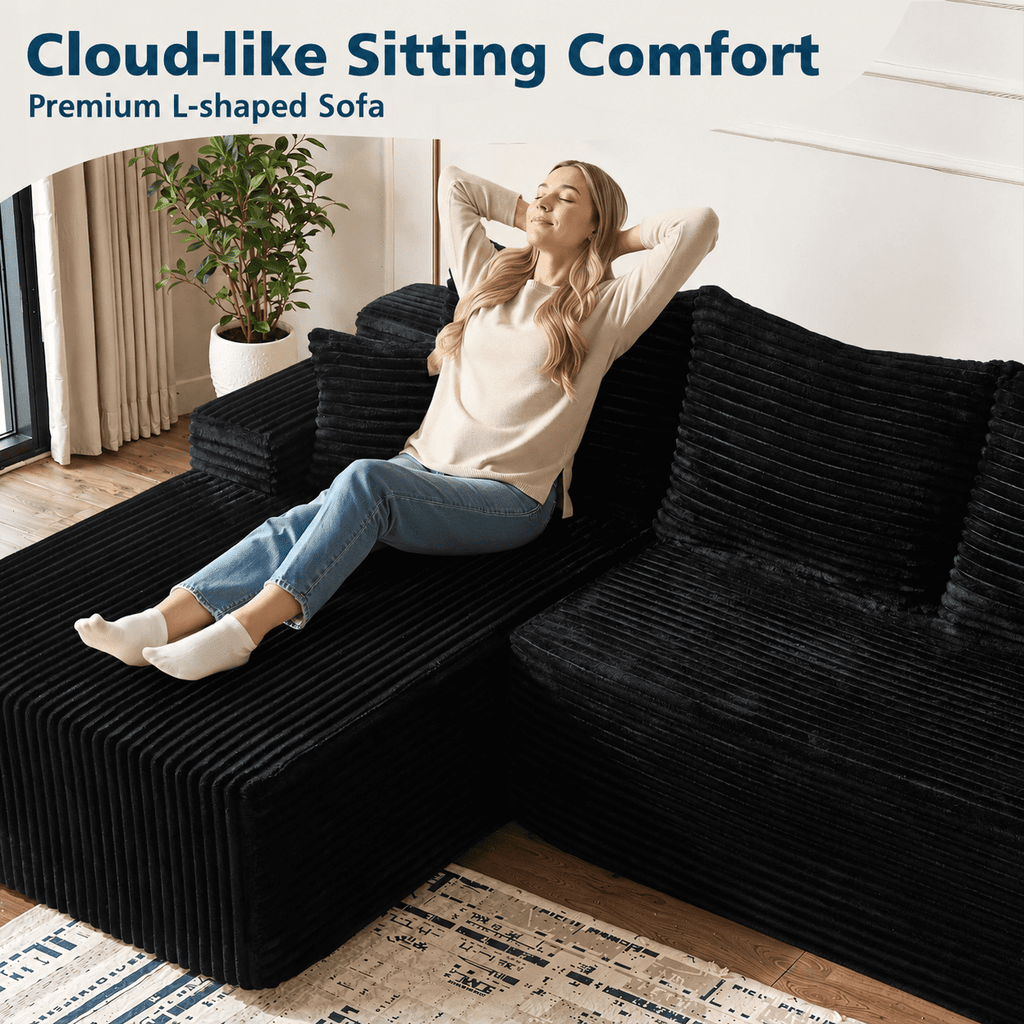 LLappuil 108 Sectional Sofa, Modular Sectional Couch with Left Chaise, Deep Seat Corduroy Cloud Sofa for Living Room Black