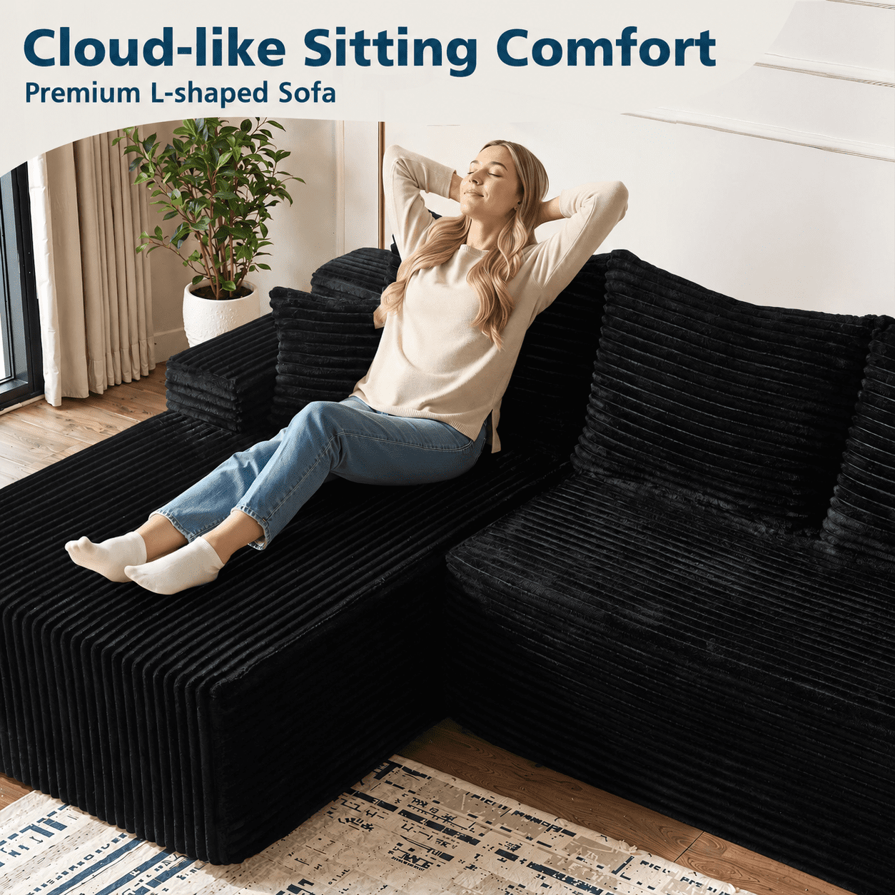 LLappuil 108 Sectional Sofa, Modular Sectional Couch with Left Chaise, Deep Seat Corduroy Cloud Sofa for Living Room Black