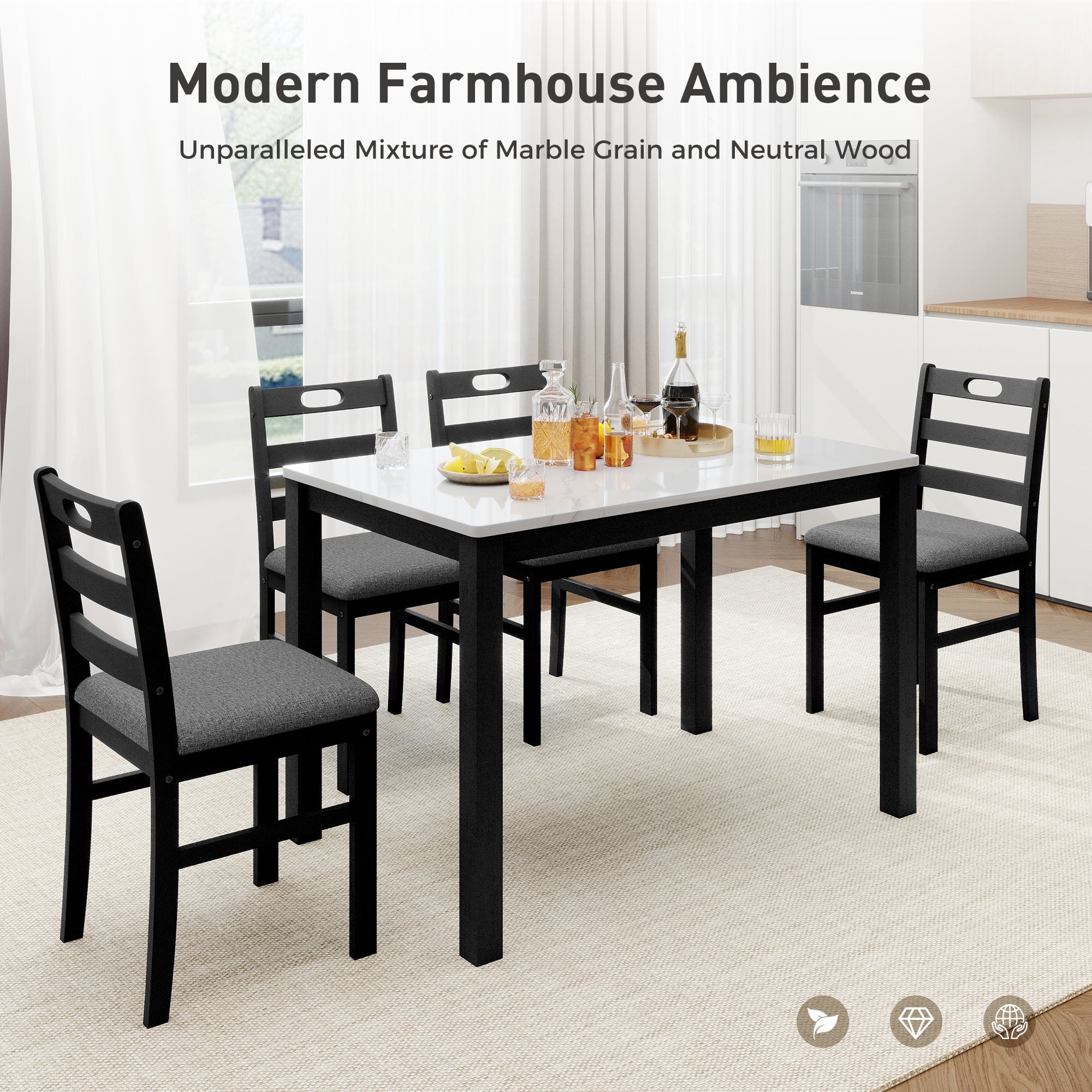 Alpha Joy Farmhouse Dining Table Set for 4 Solid Wood Kitchen Chairs and Table Set, Walnut & White