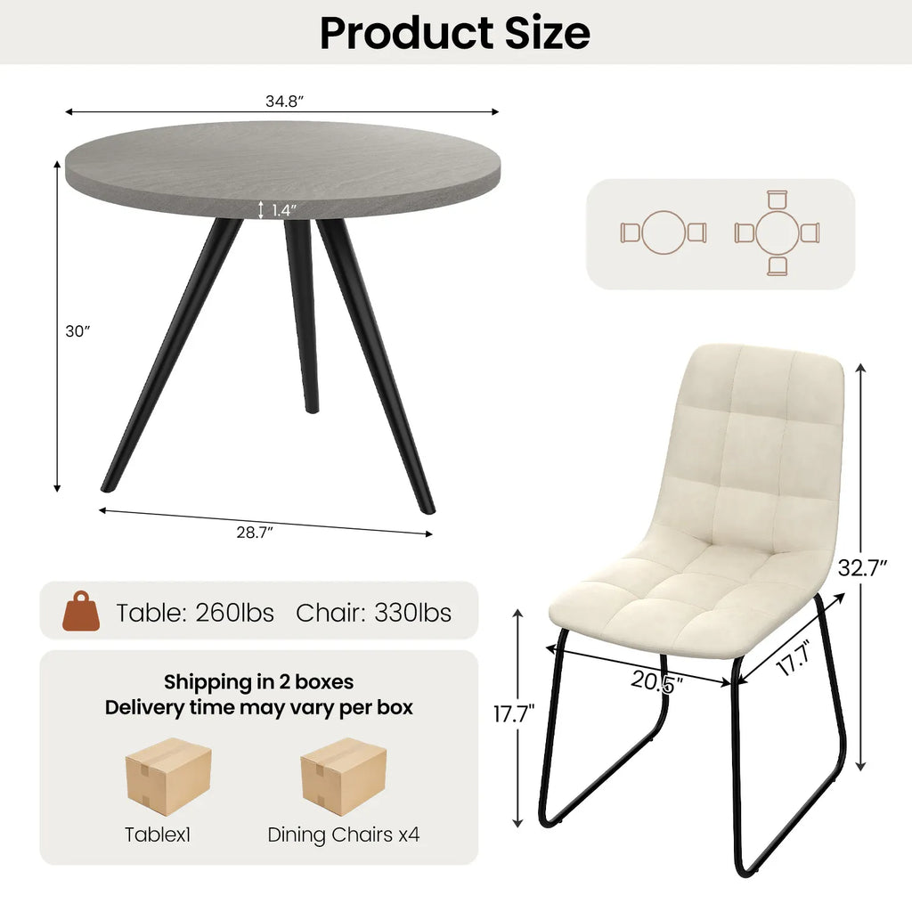 34.8 Round Dining Table for 4 People, Modern Circle Kitchen Table with Metal Legs for Kitchen, Dining Room, Apartment,Gray