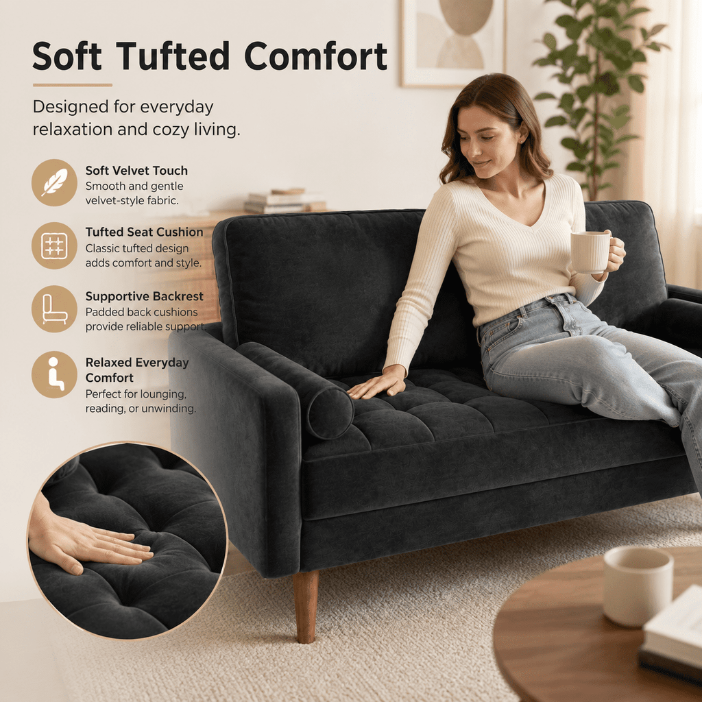 Neche Sofa for Living Room,Solid Wood Foot, 2 Seater Small Modern Loveseat Couch in a Box  - Black