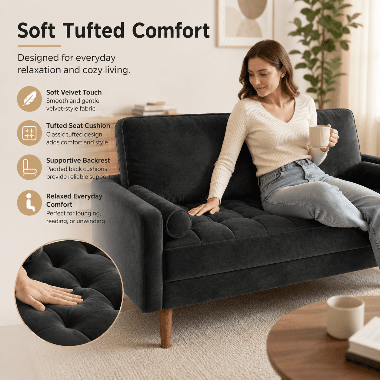 Neche Sofa for Living Room,Solid Wood Foot, 2 Seater Small Modern Loveseat Couch in a Box  - Black