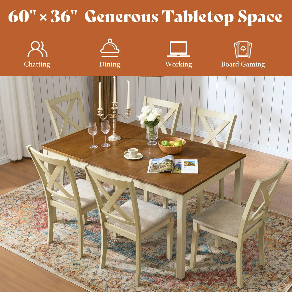 Merluxy 7-Piece Solid Wood Dining Table Set, 60 Farmhouse Dining Table with 6 Chairs, Dining Table Set for 6, Kitchen & Dining Room, Rustic Cream