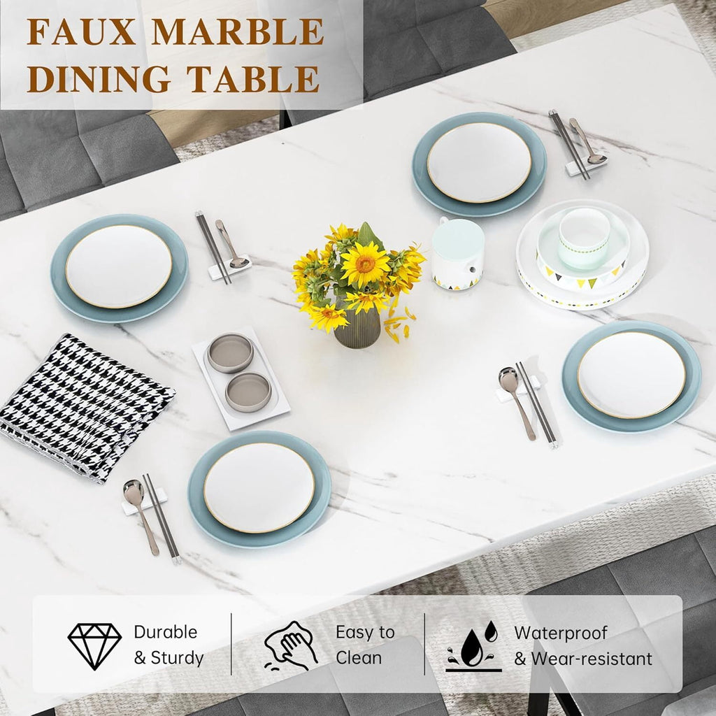 MOOSENG 5-Piece Dining Table Set with Faux Marble Top, Modern Kitchen Table and Set of 4 Grey Velvet Upholstered Chairs, Space-Saving Dinette Set for Small Spaces