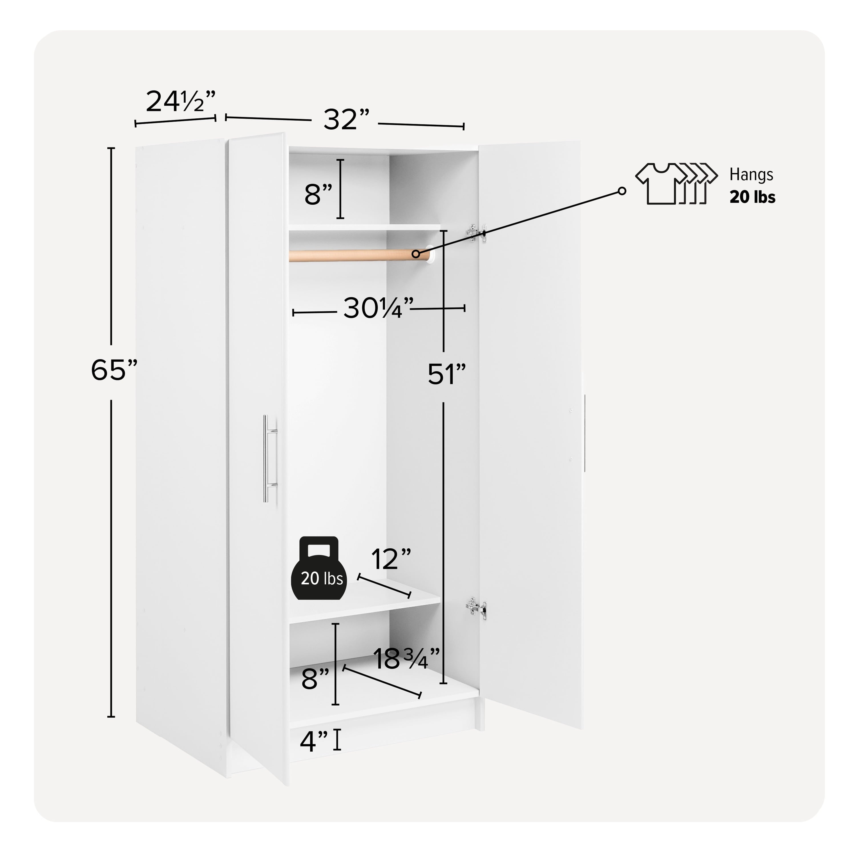 Prepac Armoir, Elite 32W x 35H x 20D White Wardrobe Closet & Cabinet - Functional Clothes Storage with Hanging Rail, Armoire Wardrobe - WEW-3264
