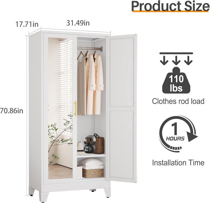 Ero Metal Freestanding Armoire Wardrobe Closet with Hanging Rod and Mirror
