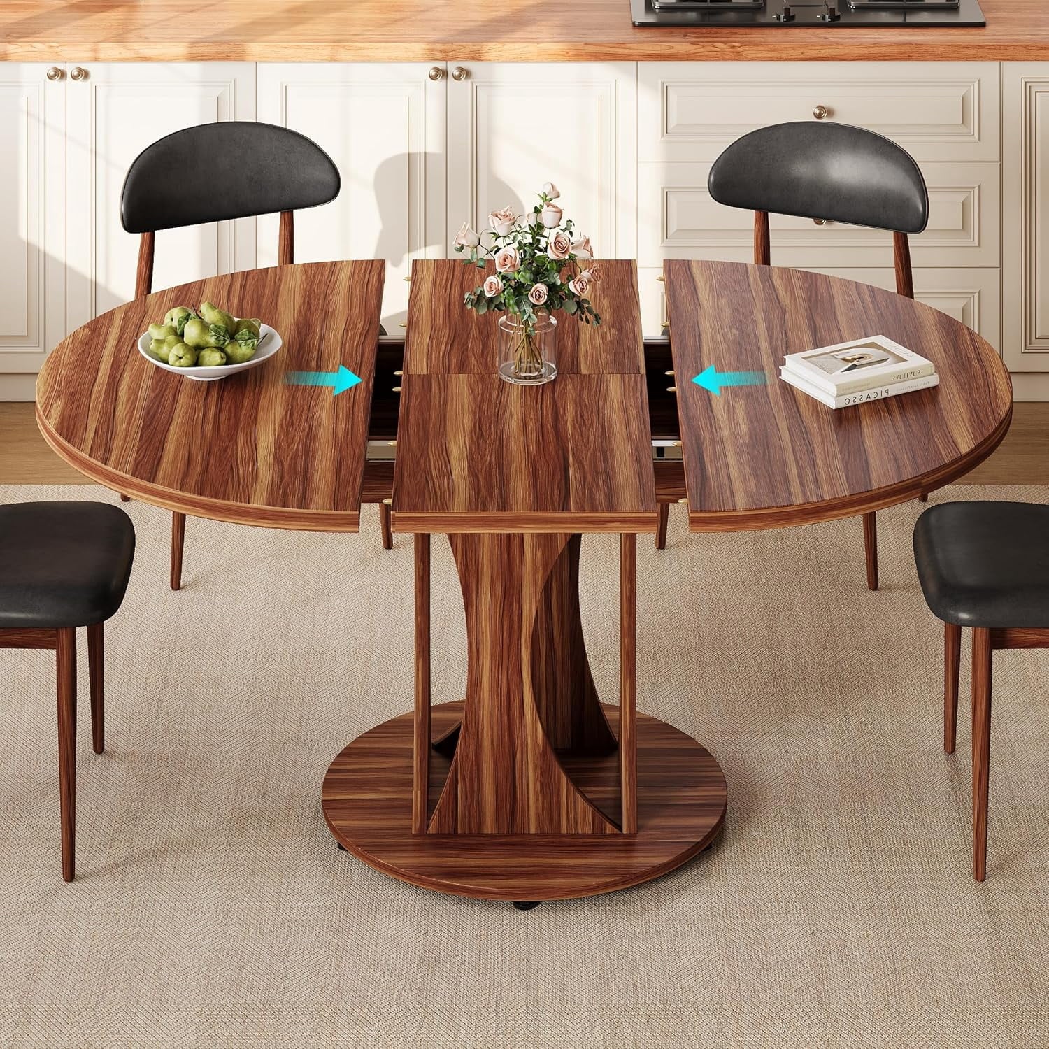 Virans 43.3-59 Extendable Round Dining Table for 6-8,Kitchen Table with MDF,Modern Dinner Table for Dining Rooms,Living Rooms,Walnut