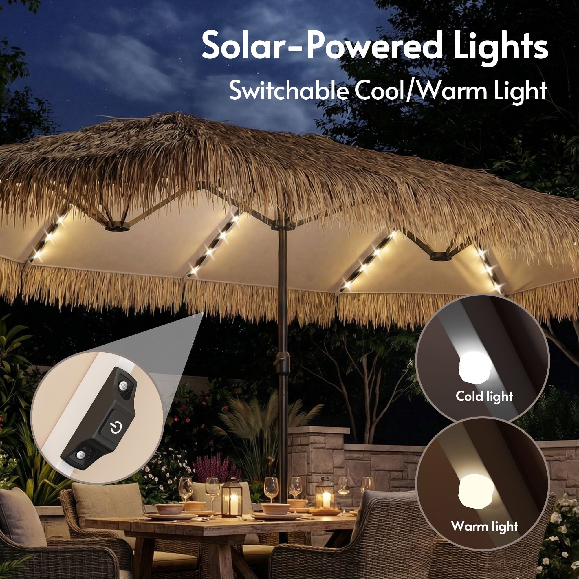 LAZZO 15ft Large Patio Umbrella with Base and Lights, Double-Sided Rectangular Outdoor Deck Umbrella, Tiki Style