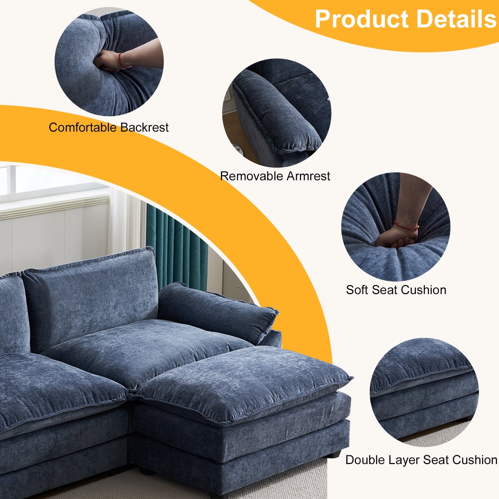 Ktaxon Sectional Sofa L Shaped Couch with Chaise Living Room Sleeper Set, 2 Seats with Chenille and Double Layer Cushions 86 W Beige