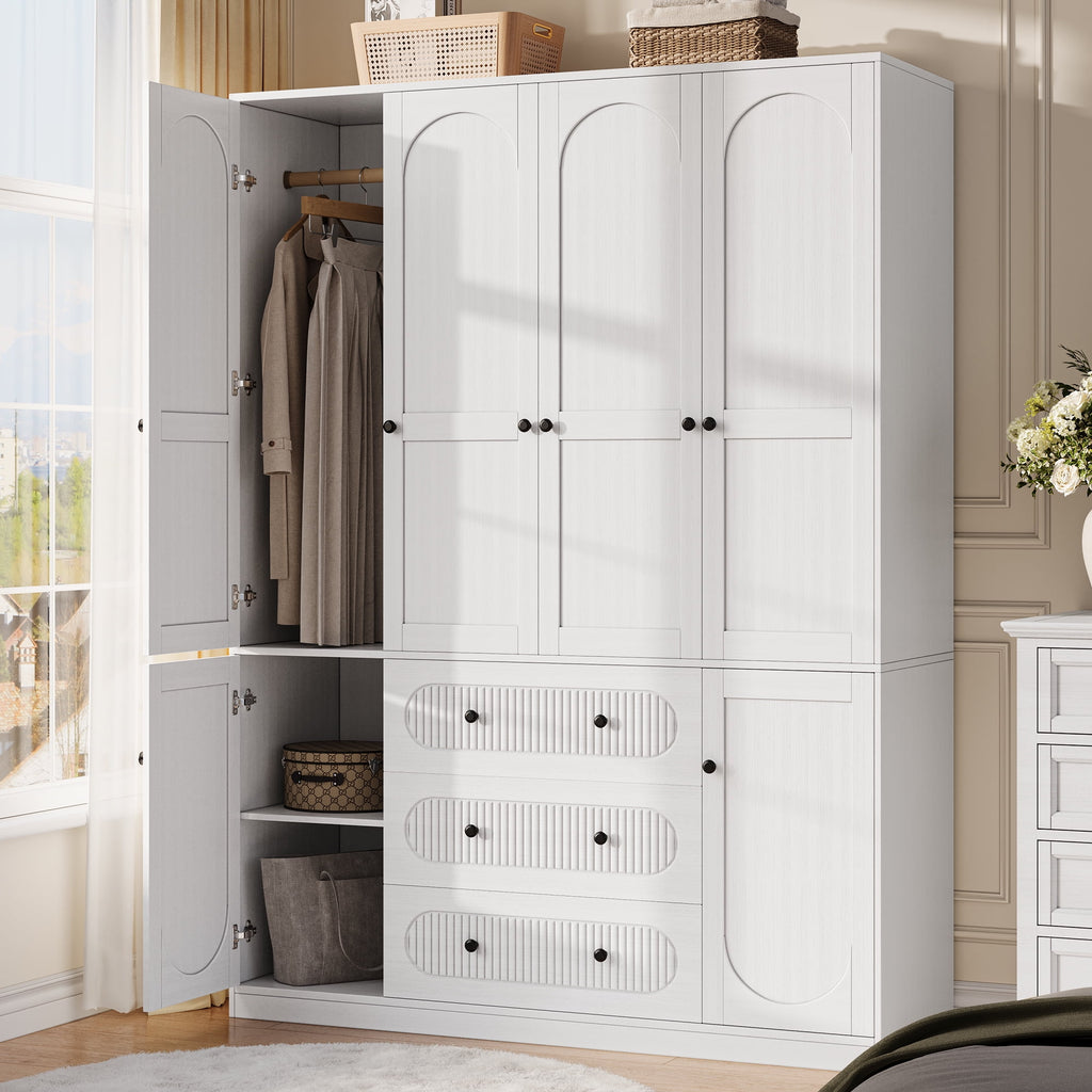 UGTOO 72H 4-Door Wardrobe Armoire with 3 Hanging Rods & 3 Drawers – Black Wooden Closet Storage Cabinet, Large Capacity Freestanding Clothes Organizer for Bedroom