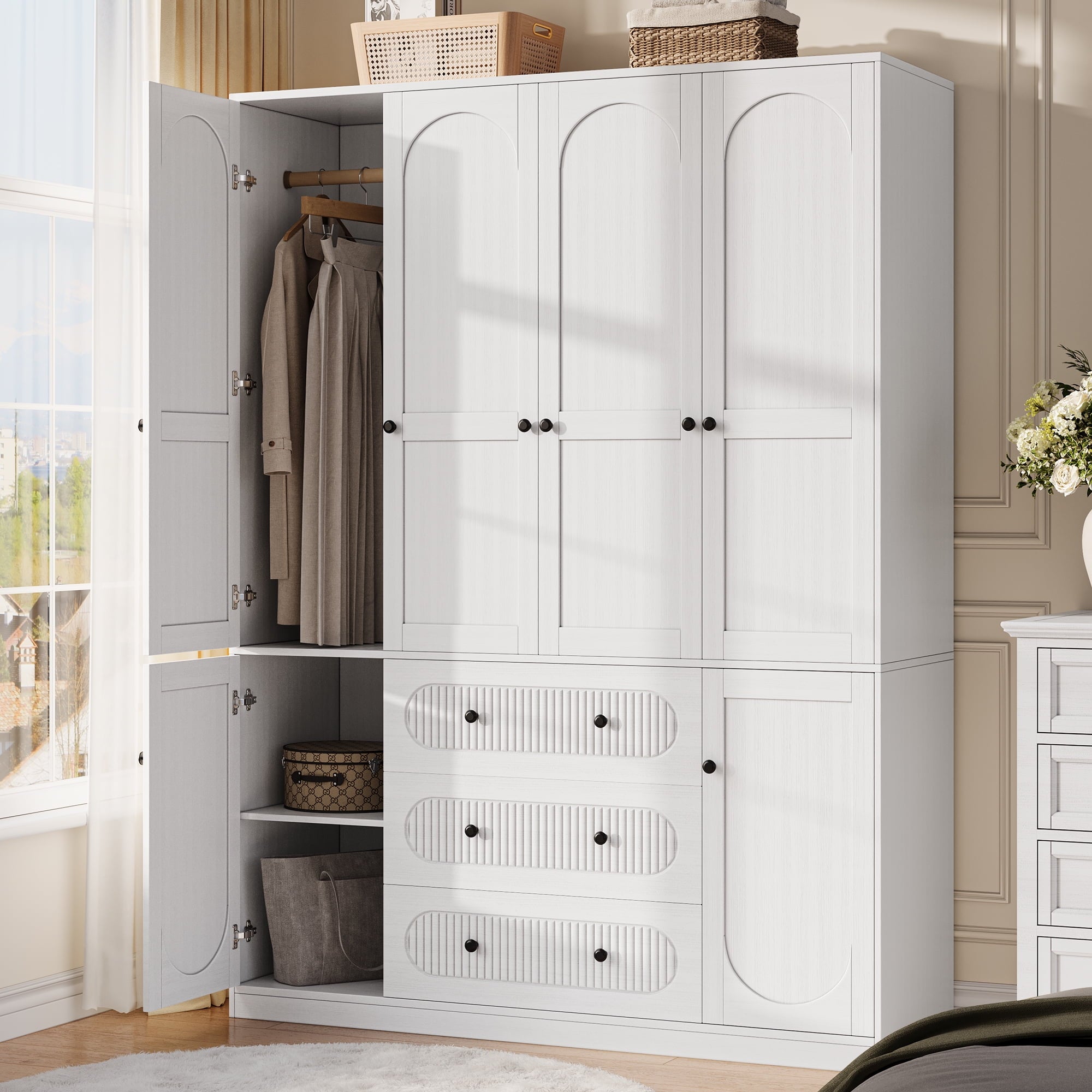 UGTOO 72H 4-Door Wardrobe Armoire with 3 Hanging Rods & 3 Drawers – Black Wooden Closet Storage Cabinet, Large Capacity Freestanding Clothes Organizer for Bedroom