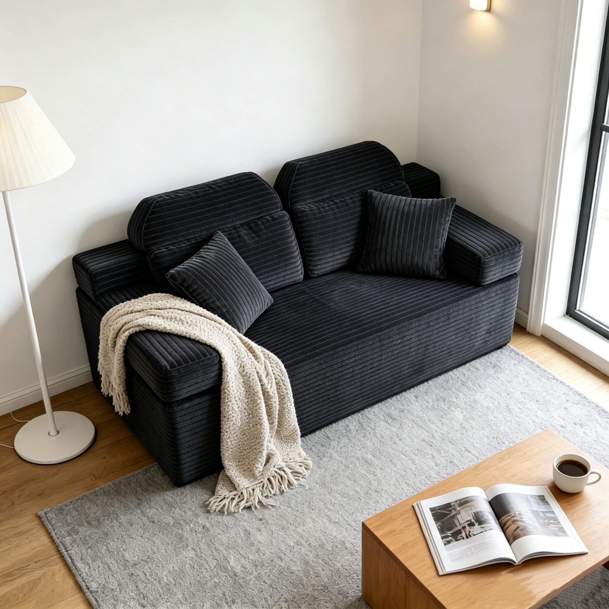 71 High Backrest Sofa for Small Spaces, Compressed Corduroy Couch with Deep Seating for Living Room, Bedroom, Dark Grey