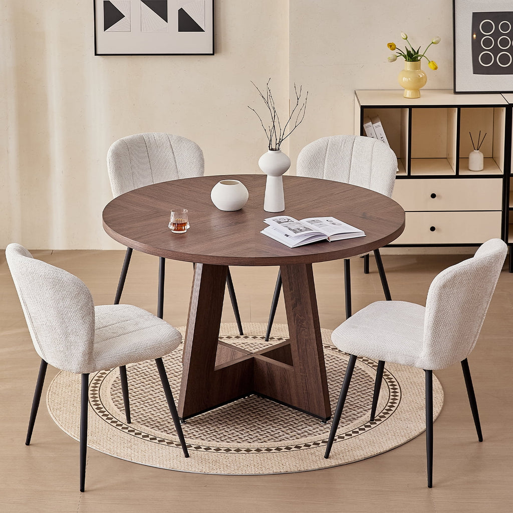 5 Piece 47'' Round Dining Table Chairs Set for 4, Farmhouse Oak Kitchen Table with 4 Boucle Mid Century Modern Dinning Room Chairs, Wood Dinner Table &Upholstered Chair Set of 4, Beige