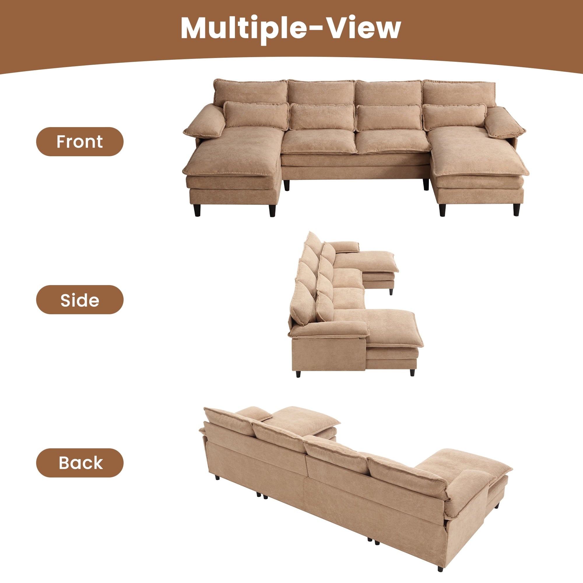 JONPONY109.45 U Shaped Couch,Oversized 4 Seat Sectional with 4 Waist Pillows, Convertible Upholstery Symmetrical Sofá,Sleeper Sofa Couch with Double Chaise Lounge &Memory Foam for Living Room, Beige