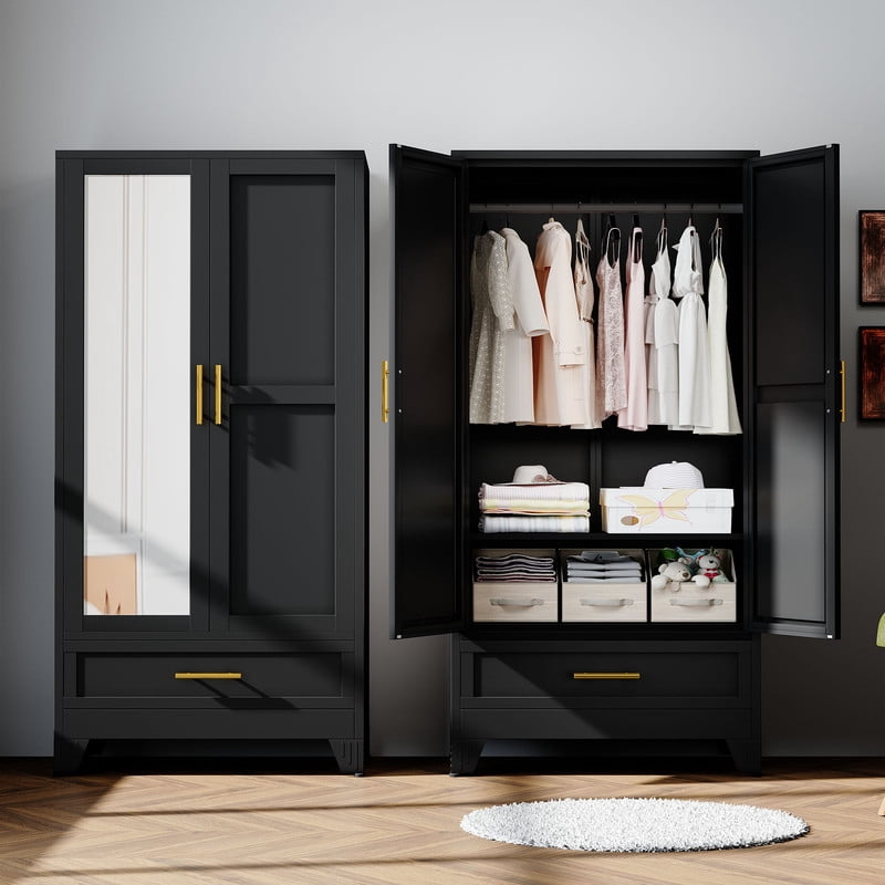 Ero Metal Freestanding Armoire Wardrobe Closet with Hanging Rod and Mirror