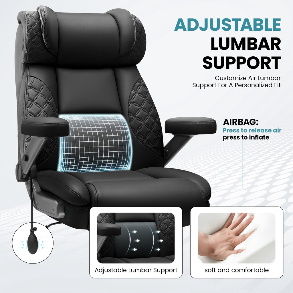 FASTES Leather Office Chair Big and Tall Desk Office Chair, 500lbs Computer Chair Ergonomic Extra Wide Gaming Chair with Adjustable Lumbar Support 5D Flip Arms, Black