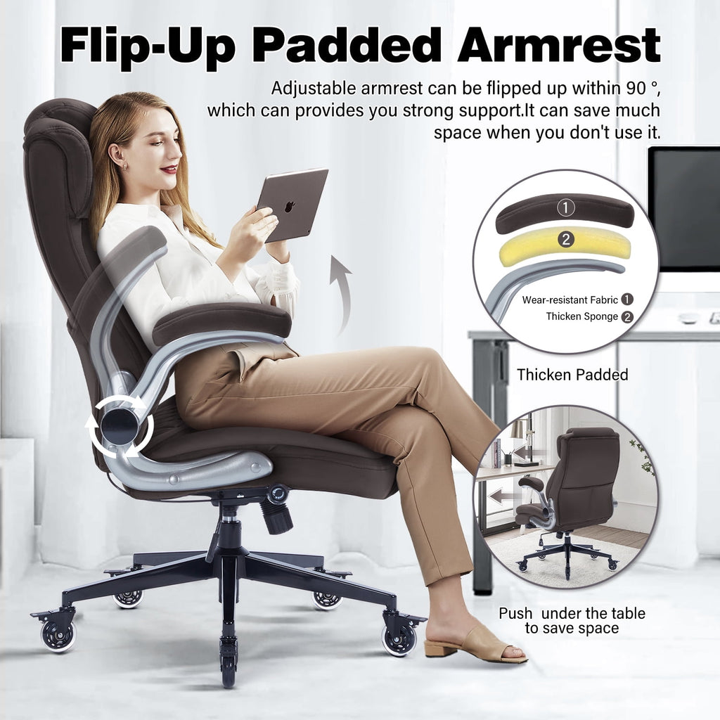 High Back Office Chair with Lockable Wheels, 400lbs Large Fabric Executive Desk Chair, Adjustable Lumbar Support Flip up Arms, Ergonomic Home Office Computer Chair with Storage Pocket, Black