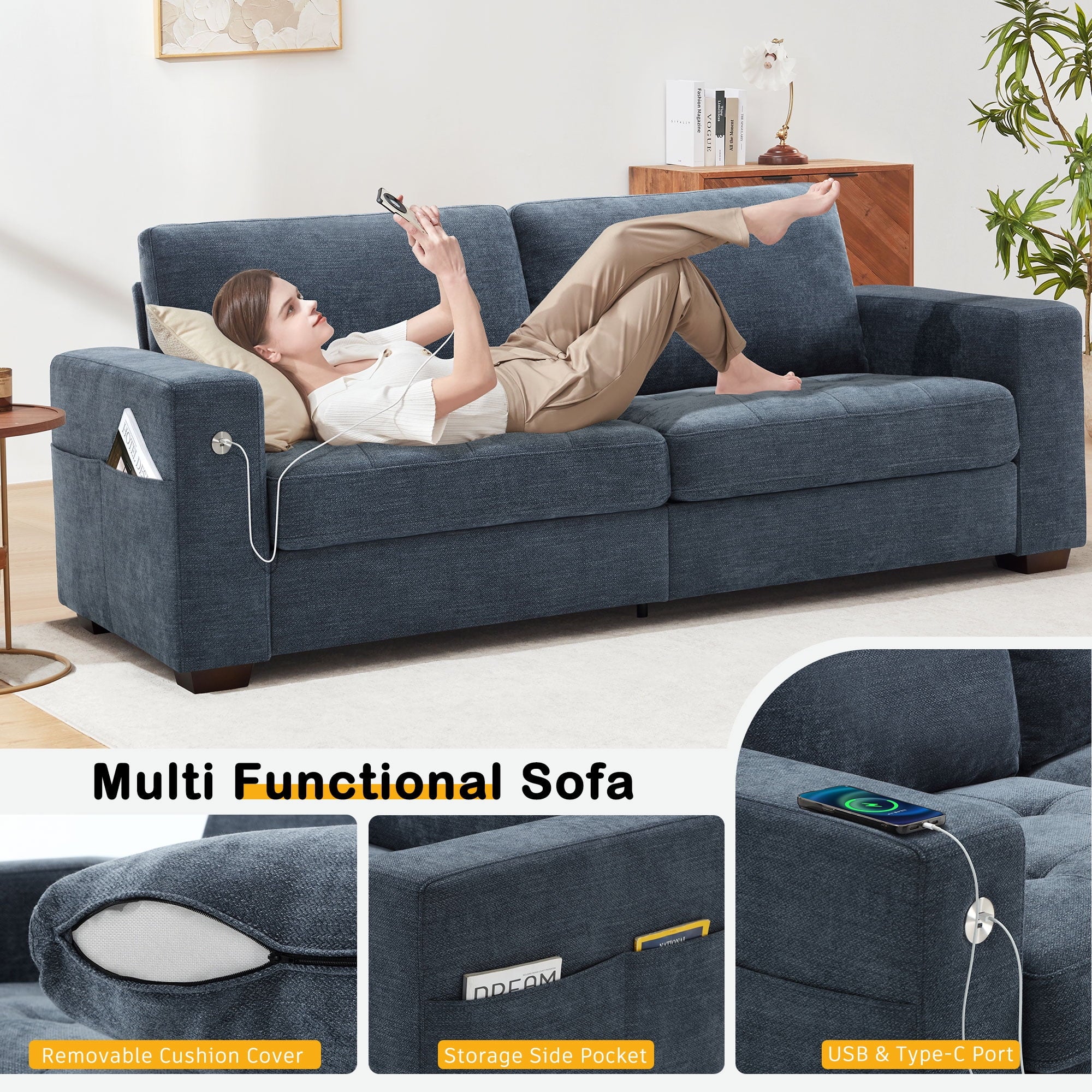 Bedluxury 89 Deep Sofa Couch with USB/Type-C Charging, Storage Pocket & Wide Armrest, Removable Cover, Seats 3 Adults, Chenille Beige