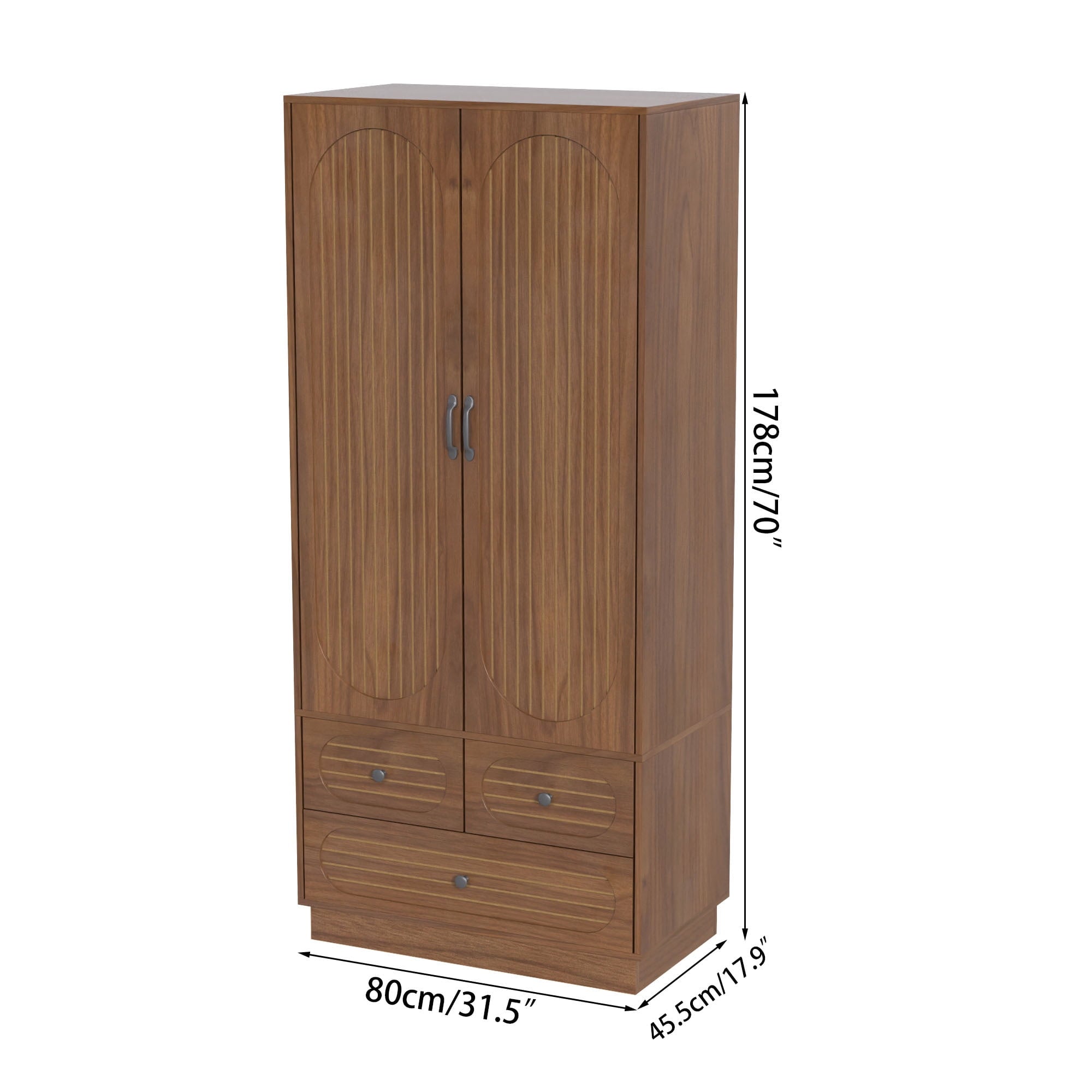 Wardrobe Closet with 2 Door & 3 Drawers, Freestanding Wooden Closet with Shelves and Hanging Rod, Bedroom