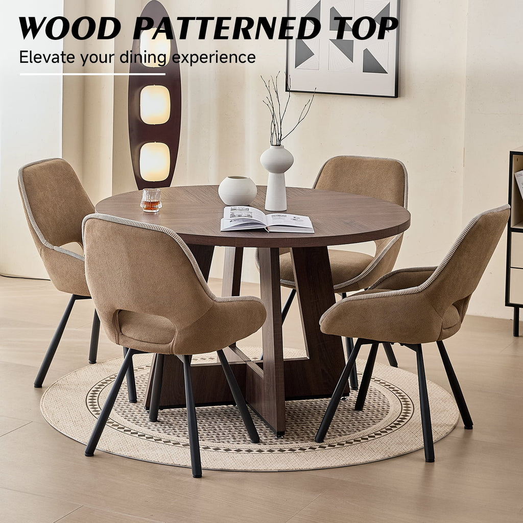 5 Piece 47'' Round Dining Table Chairs Set for 4, Farmhouse Oak Kitchen Table with 4 Boucle Mid Century Modern Dinning Room Chairs, Wood Dinner Table &Upholstered Chair Set of 4, Beige