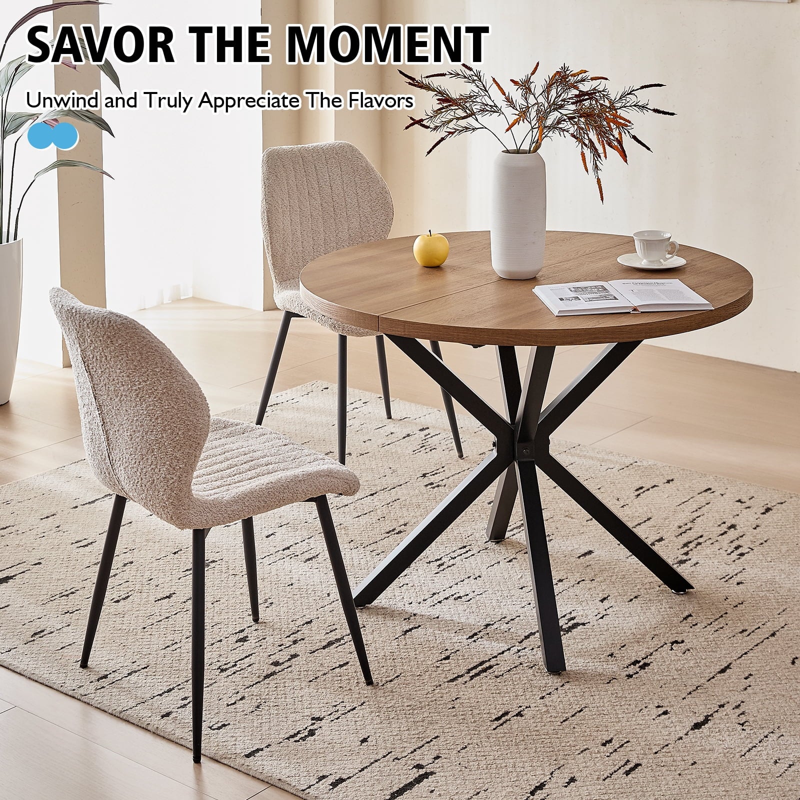5 Piece 39 Round Dining Table Set for 4, Mid Century Kitchen Table with 4 Khaki Fabric Upholstered Dining Chairs for Apartment Living Room, Space Saving Table.