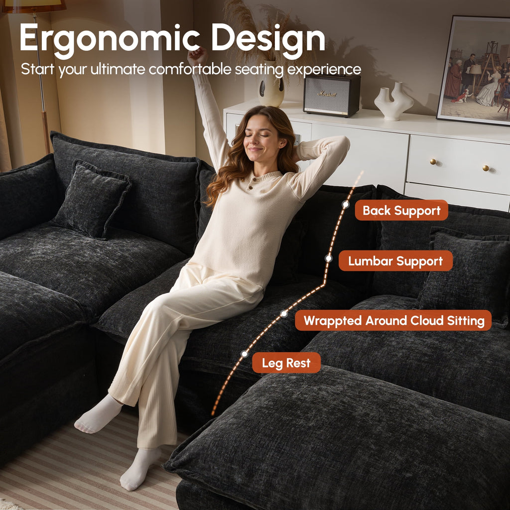 Ovios 108 Modular Sectional Sofa U-Shaped Cloud Couch with 2 Ottomans, Comfy Living Room Furniture, Chenille, Gray