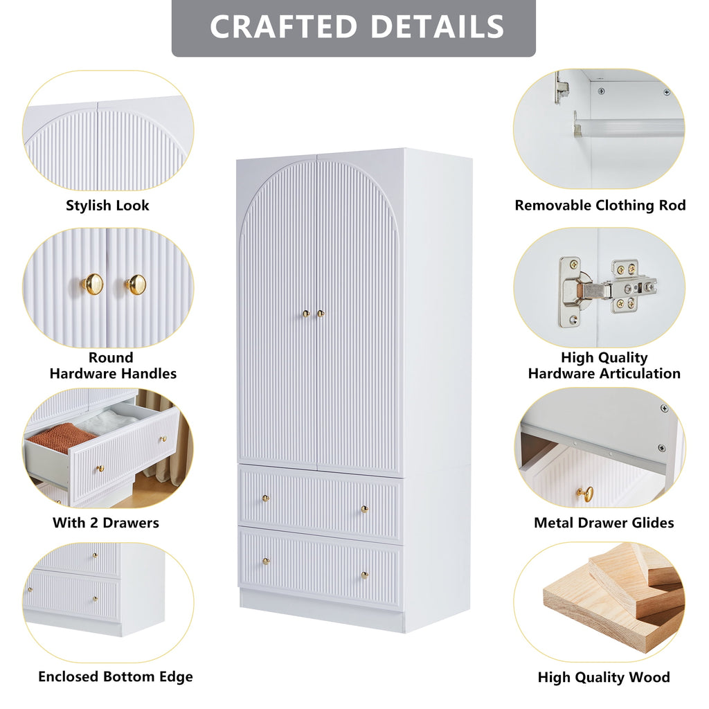 Wirrytor Freestanding Wooden Armoire Wardrobe with 2 Woven Doors and Storage Drawers, Space-Saving Closet Cabinet for Bedroom, Sturdy Mdf Board Closet with Hanging Rail