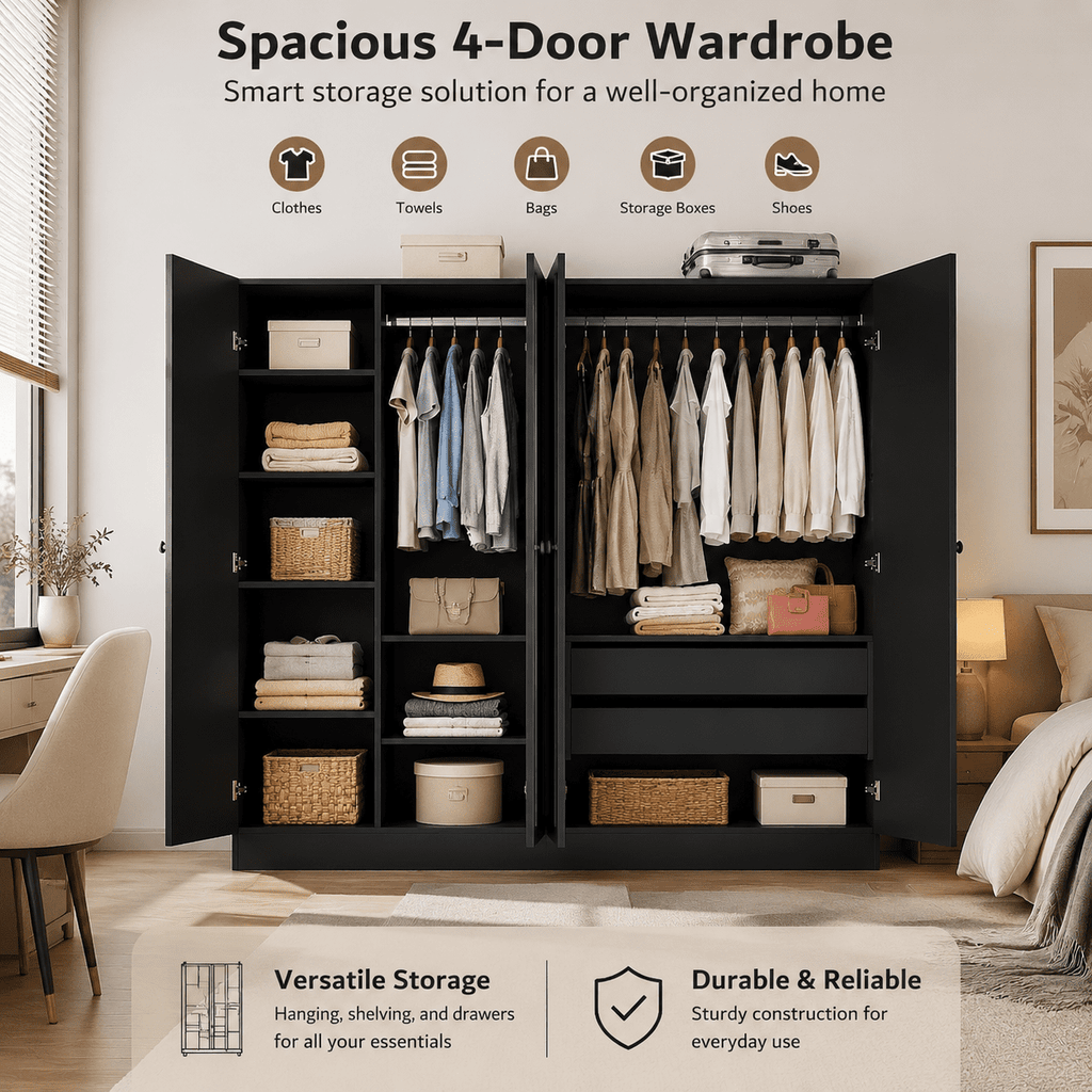 Laisnet 67H Armoire Wardrobe Closet with 4 Doors and 2 Drawers, Adjustable Shelves & Hanging Rods for Bedroom, White