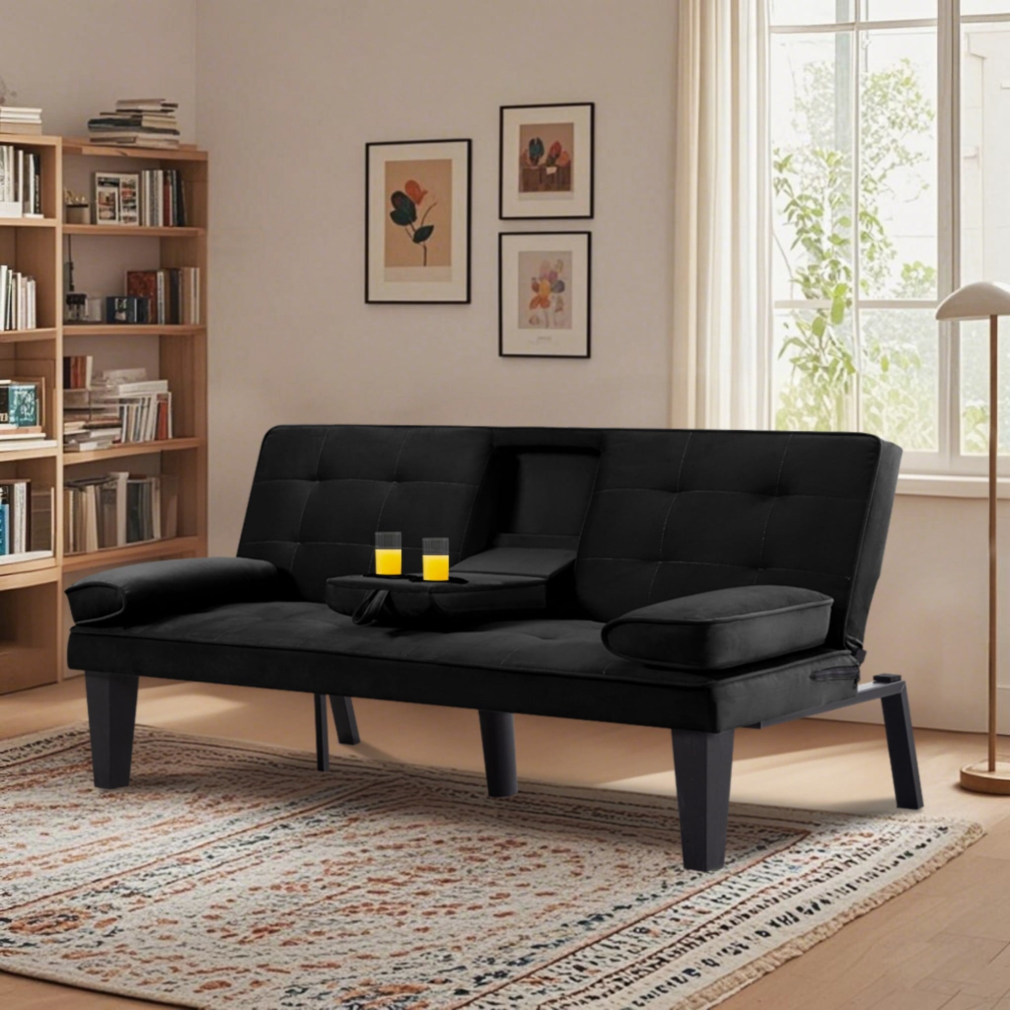 BSHTI 65 Modern Velvet Futon Sofa Bed with Drop Down Cup Holders, 3-Position Adjustable Backrest, Removable Arm Cushions, Chrome Legs for Living Room & Guest Room Black