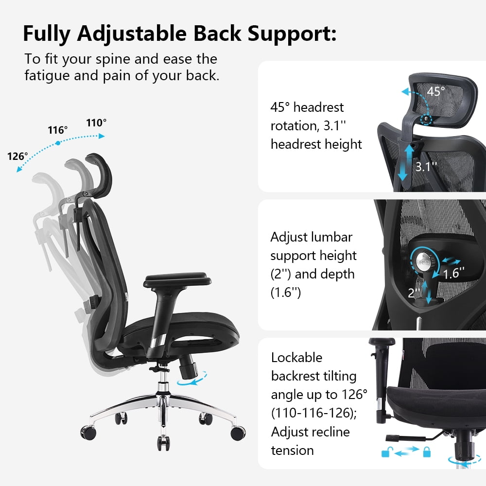Sihoo M57 Ergonomic Office Chair, Adjustable Swivel Mesh High Back Desk Chair with Headrest, Lumbar Support, Black