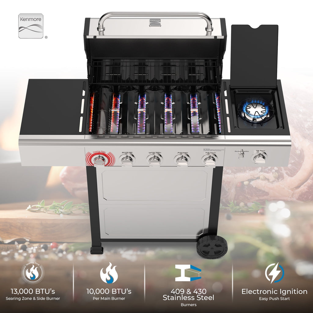 Kenmore 4-Burner Outdoor Propane Gas Grill with Side Burner, Open Cart, Stainless Steel