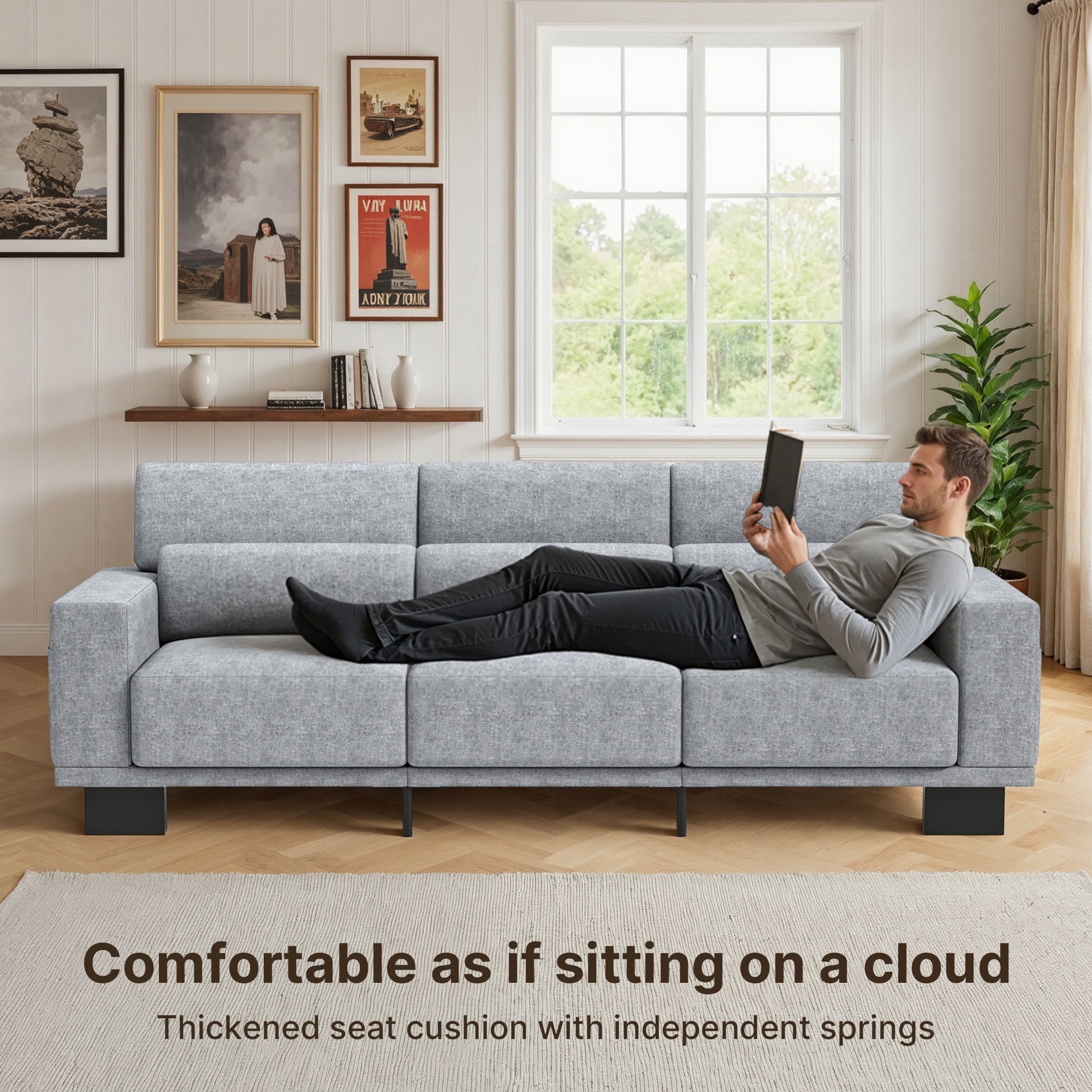 Asofer 89 3 Seater Sofa Couch,  Comfy Extra Deep Seat with Upholstered  3 Pillows for Living Room, Apartment,Dark Gray