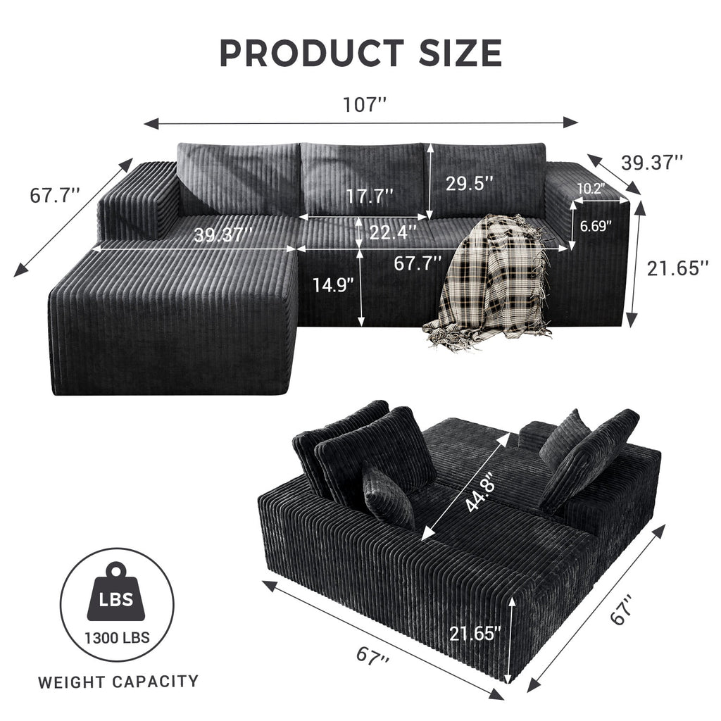 YVDNHP Modular Cloud Sofa - No Assembly Required, 107.8 Oversized L-Shaped Sectional with Chaise, Flannel Fabric Deep Seating Couch for Living Room