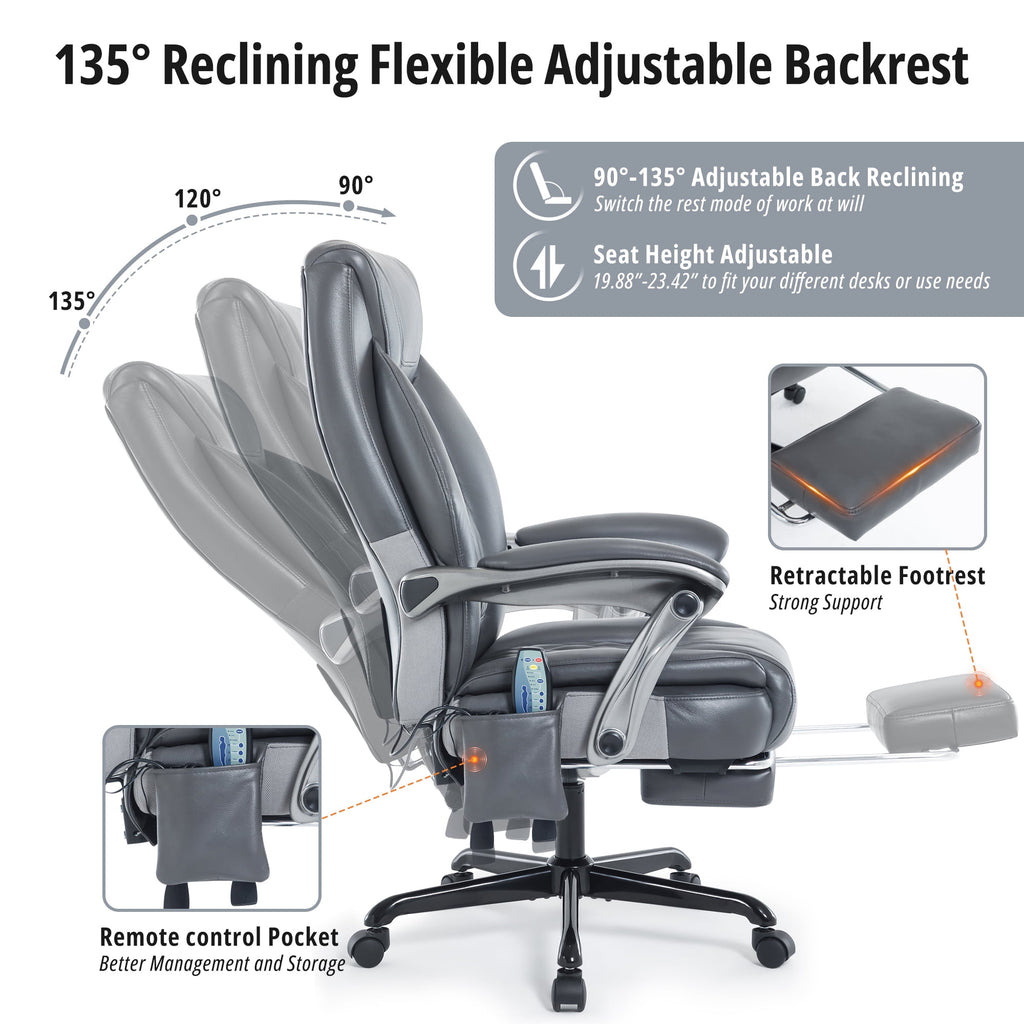 Heated Massage Office Chair with 6 Points Vibration, Reclining Ergonomic Desk Chair with Footrest for Extra Comfort, PU Leather High Back Executive Computer Chair, Thick Padded Massage Chair
