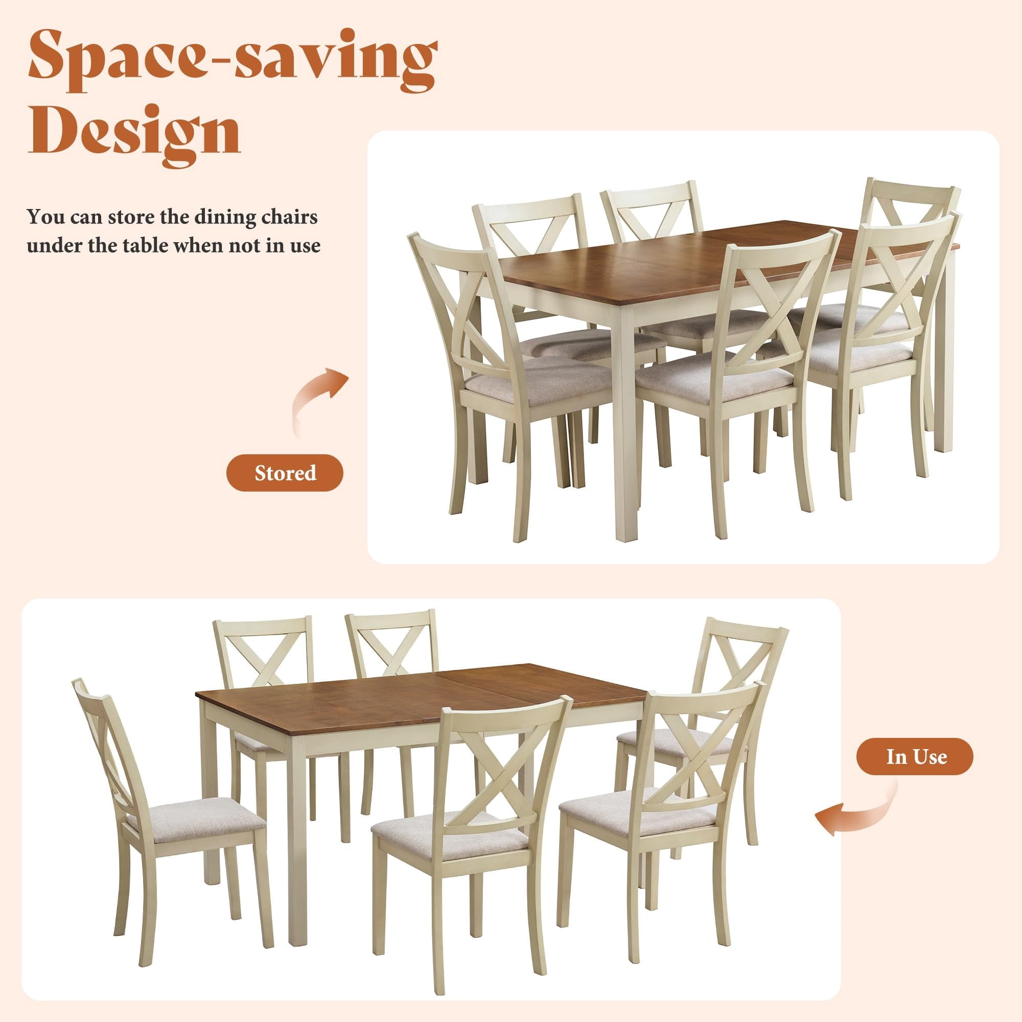 Merluxy 7-Piece Solid Wood Dining Table Set, 60 Farmhouse Dining Table with 6 Chairs, Dining Table Set for 6, Kitchen & Dining Room, Rustic Cream