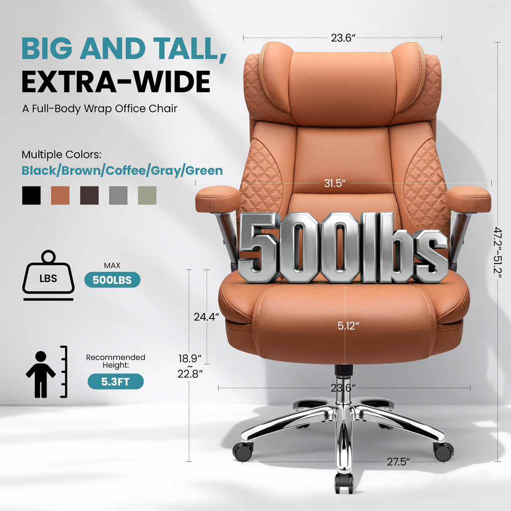 FASTES Leather Office Chair Big and Tall Desk Office Chair, 500lbs Computer Chair Ergonomic Extra Wide Gaming Chair with Adjustable Lumbar Support 5D Flip Arms, Black