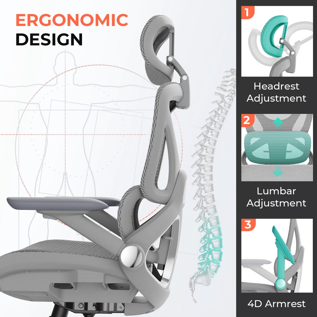 Ergonomic Mesh Office Chair with Adjustable Lumbar Support, Flip-Up Arms, Headrest, Swivel Task Chair for Home Office