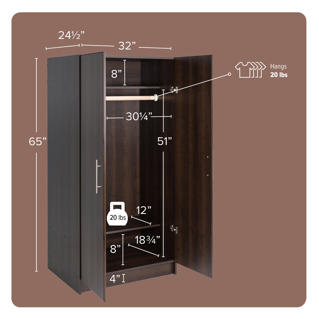 Prepac Armoir, Elite 32W x 35H x 20D White Wardrobe Closet & Cabinet - Functional Clothes Storage with Hanging Rail, Armoire Wardrobe - WEW-3264