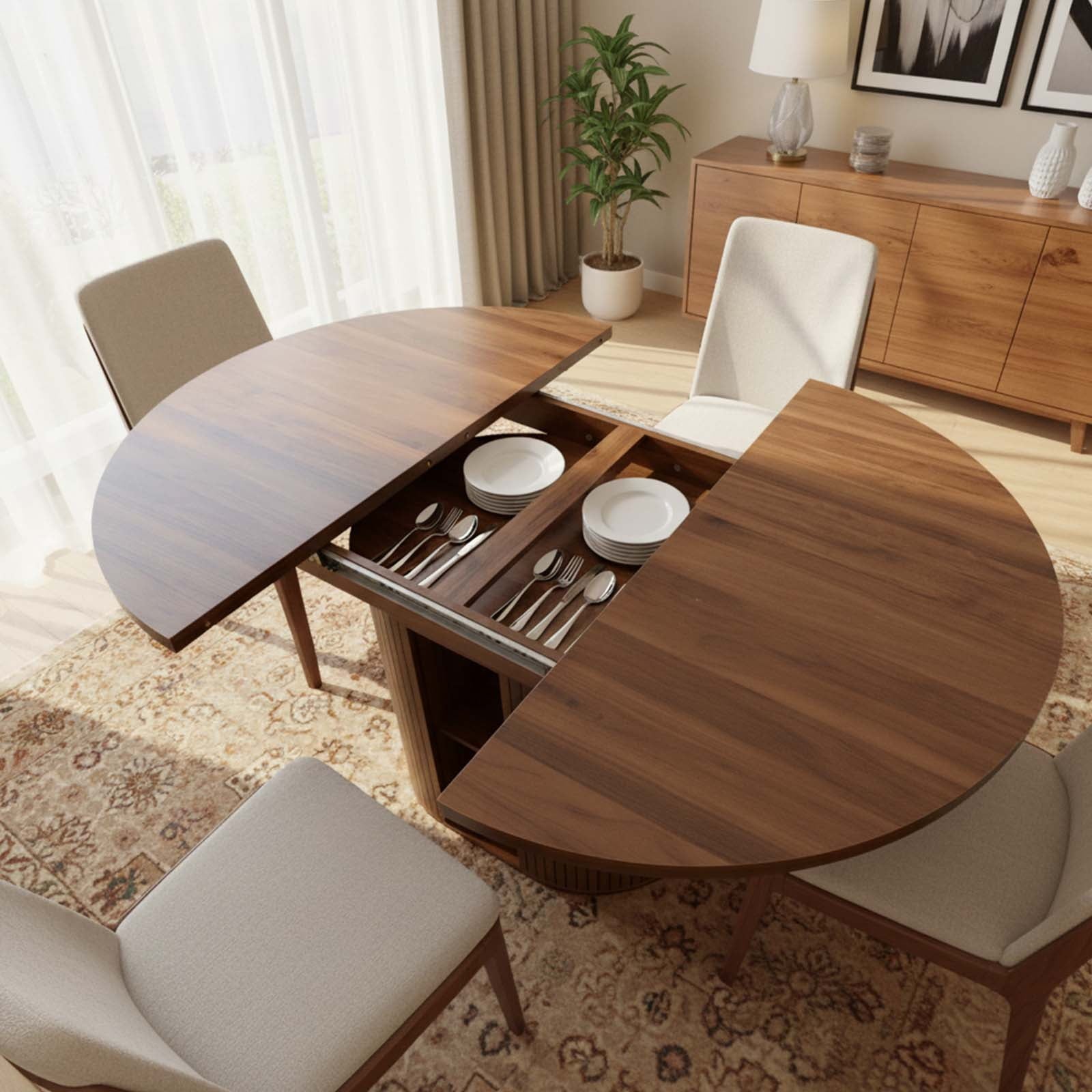 Advwin 59 Extendable Round Dining Table for 4–8, Modern Wood Oval Kitchen Table with Storage Shelf, Space-Saving Expandable Circle Dinner Table for Dining Room, Black