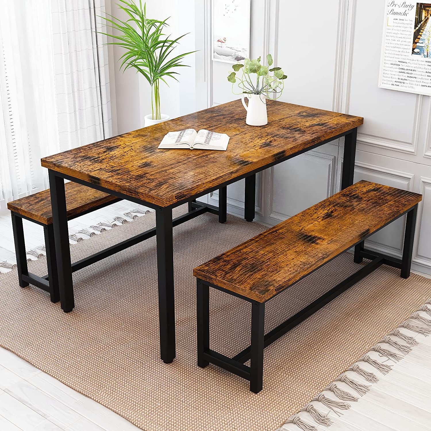 MIERES Kitchen Dining Set: Rectangular solid wood dining table with two benches, suitable for 2 to 4 people, small dining set, black