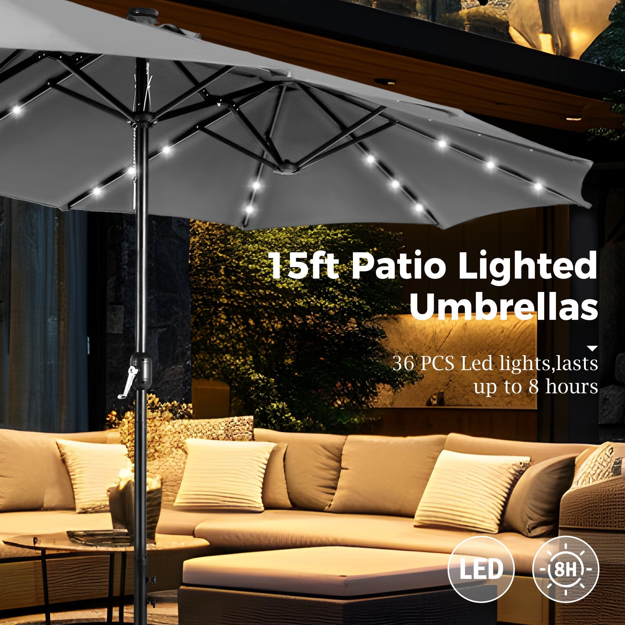 Alpha Joy 15ft Extra Large Outdoor Patio Double-Sided Umbrella with LED Solar Lights & Umbrella Base, Beige